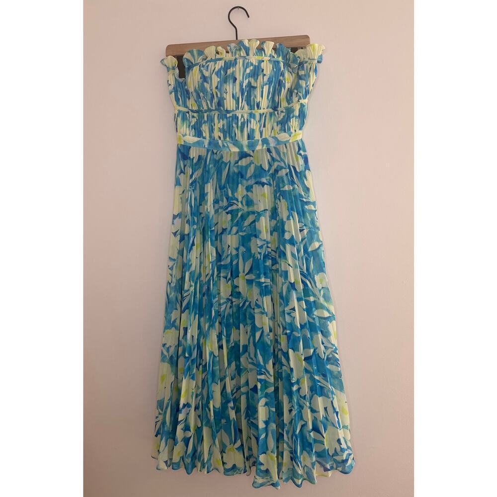 AMUR Scottie Pleated Blue Floral Strapless Midi Garden Party Dress Sz 4 NWOT - Picture 4 of 9